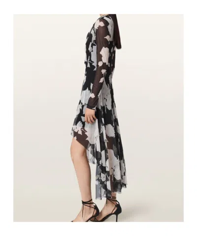Allsaints Polyester Loria Draped Mesh Midi Dress In Black