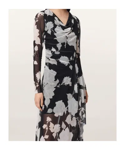Allsaints Polyester Loria Draped Mesh Midi Dress In Black