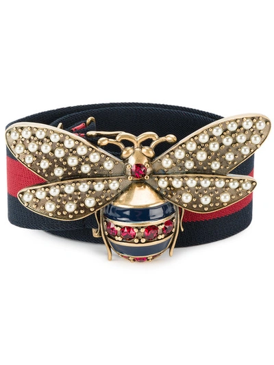 Gucci Bee Embellished Web Belt In Green/red