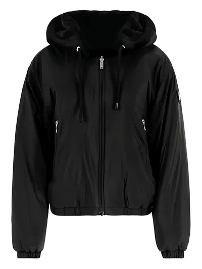 Moose Knuckles Cropped Black Faux Fur Jacket With Plush Hood And Zippered Pockets In Black