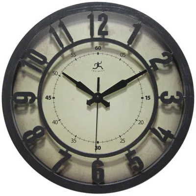 Infinity Instruments Round Plastic Wall Clock 12 Inches - Black In Black
