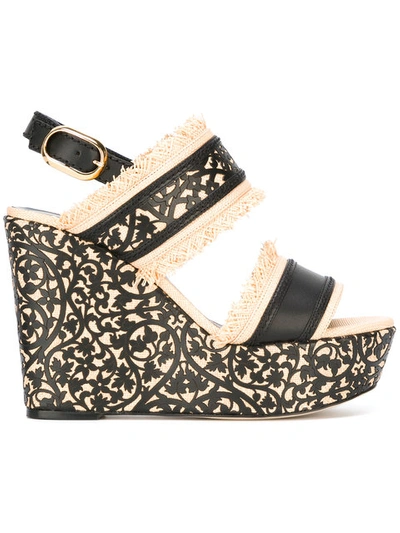 Oscar De La Renta Talitha Floral Embossed Wedge Sandals In Black Beige