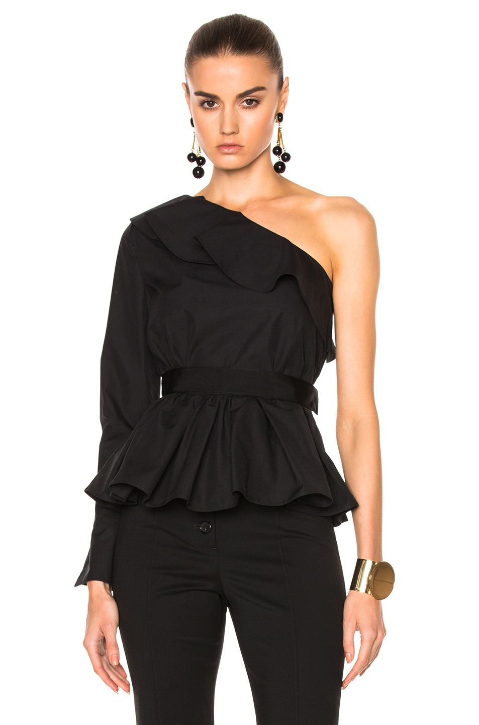 Fendi One-shoulder Peplum-hem Cotton Top In Black | ModeSens