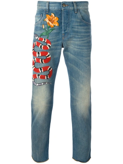 Shop Gucci Snake Embroidered Slim-fit Jeans