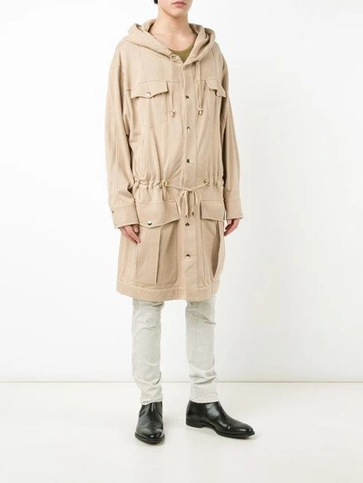 Shop Balmain Long Drawstring Jacket In Brown