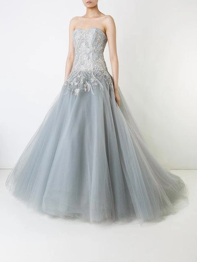 Shop Marchesa Strapless Tulle Ball Gown In Ice Grey