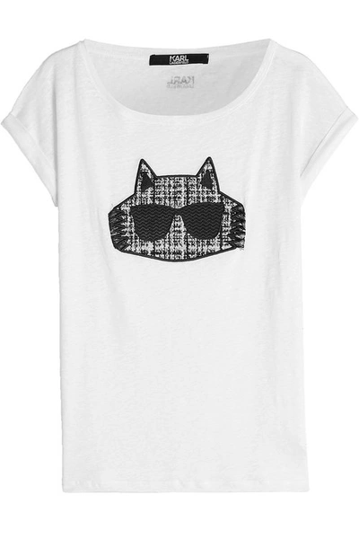 Karl Lagerfeld Tweed Detail Choupette T-shirt In White