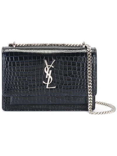 Saint Laurent Monogram Sunset Crocodile-embossed Wallet On Chain In Blue