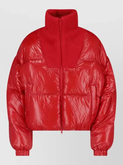 Diesel Down Puffer Jacket In Ripstop With Knitted Collar In Red