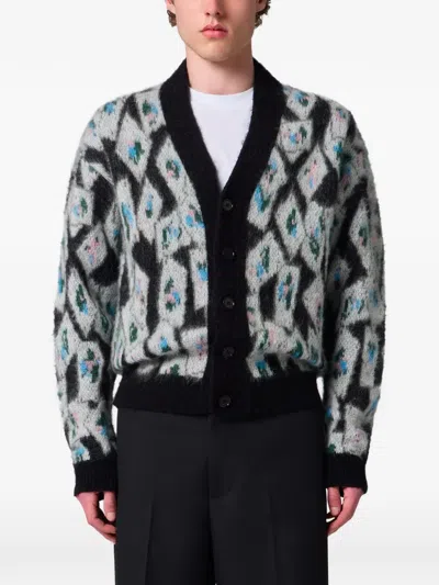 Msgm Argyle-patterned Brushed-finish Cardigan In Gray