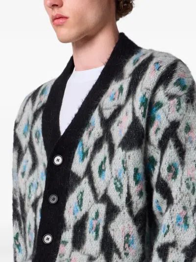 Msgm Argyle-patterned Brushed-finish Cardigan In Gray