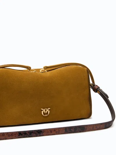 Pinko Rectangular Mini Suede Shoulder Bag With Textured Strap In Brown
