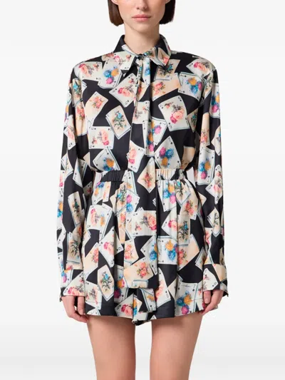Msgm Playing-card-print Pussy-bow Blouse In Multi