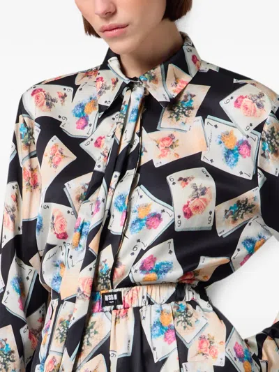 Msgm Playing-card-print Pussy-bow Blouse In Multi