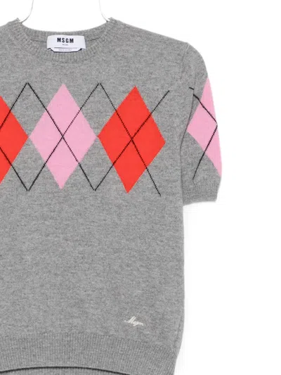 Msgm Argyle-pattern Short-sleeve T-shirt In Gray