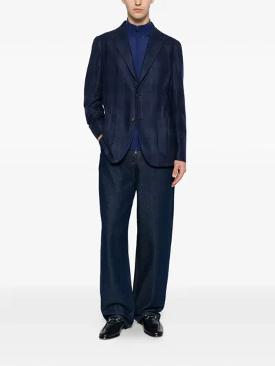 Eleventy Check-pattern Single-breasted Jacket In Blue