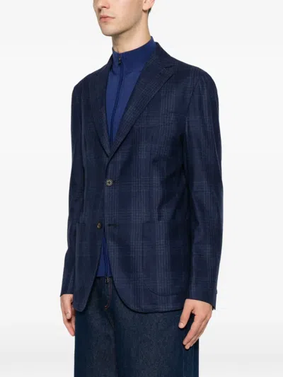 Eleventy Check-pattern Single-breasted Jacket In Blue