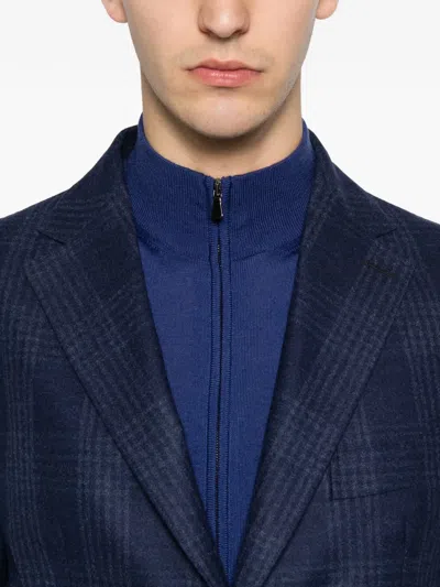 Eleventy Check-pattern Single-breasted Jacket In Blue