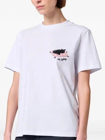 Msgm Embroidered Cat T-shirt In White