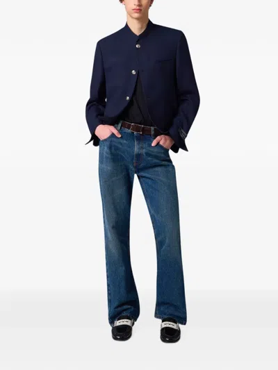 Msgm Mandarin-collar Logo-patch Jacket In Blue