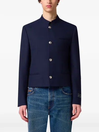 Msgm Mandarin-collar Logo-patch Jacket In Blue
