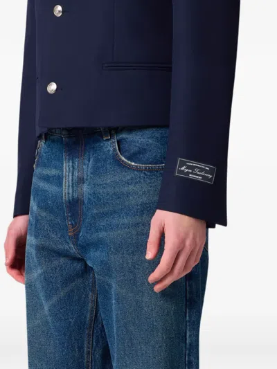 Msgm Mandarin-collar Logo-patch Jacket In Blue