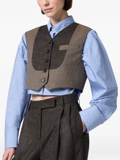 Msgm Check-pattern Cropped Waistcoat In Brown
