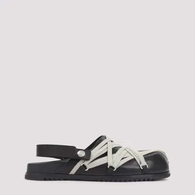Rick Owens Leather Flat Sandals With Adjustable Strap And Shark-tooth Sole In Black