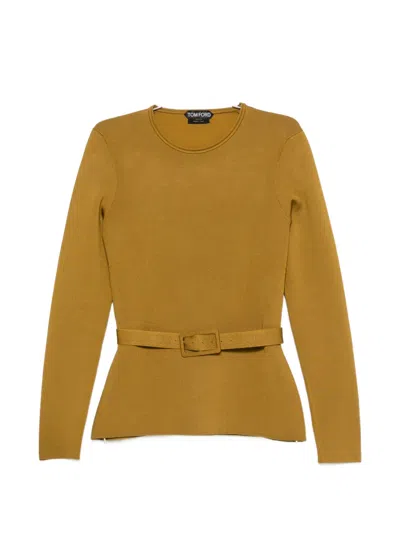 Tom Ford Belted Tech Viscose Blend Sweater In Yellow