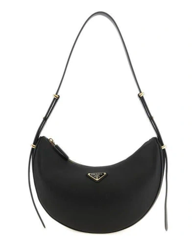 Prada Triangle Logo Plaque Moon Shaped Shoulder Bag In Black