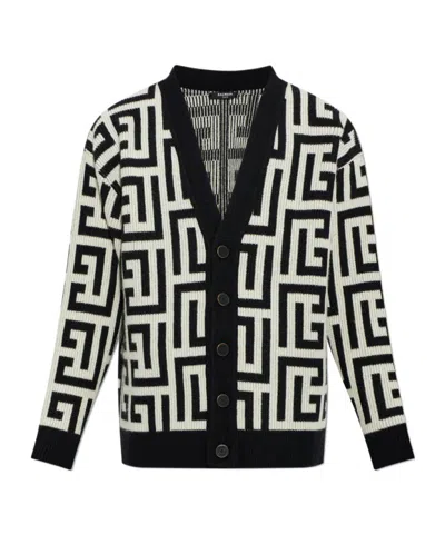 Balmain Monogram V Neck Mid Length Cardigan In Multi