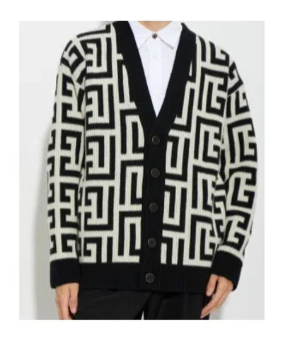 Balmain Monogram V Neck Mid Length Cardigan In Multi