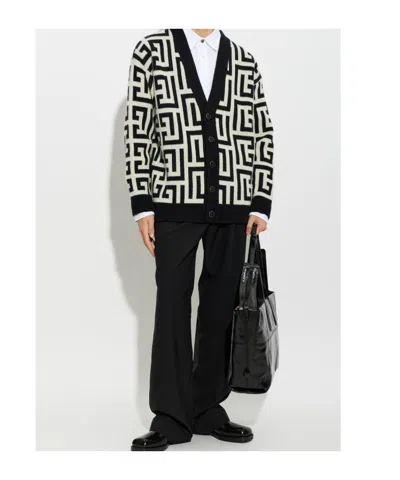 Balmain Monogram V Neck Mid Length Cardigan In Multi