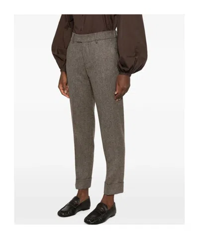 Berwich Herringbone-pattern Wool Trousers In Brown