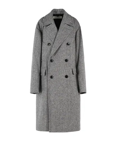 Dries Van Noten Double-breasted Grey Wool Coat With Multicolored Check Pattern In Gray