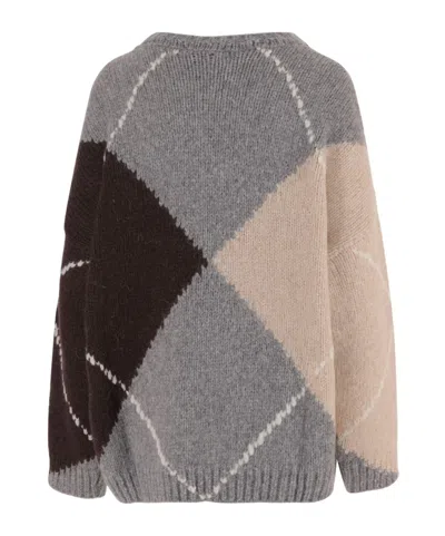 Bruno Manetti Wool-blend Oversized Sweater With Argyle Pattern In Brown