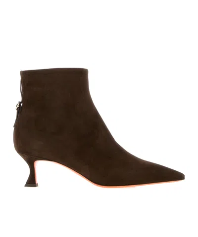 Santoni Suede Mid-heel Ankle Boot With Back Decorative Strap In Brown
