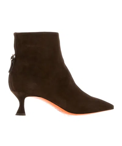 Santoni Suede Mid-heel Ankle Boot With Back Decorative Strap In Brown