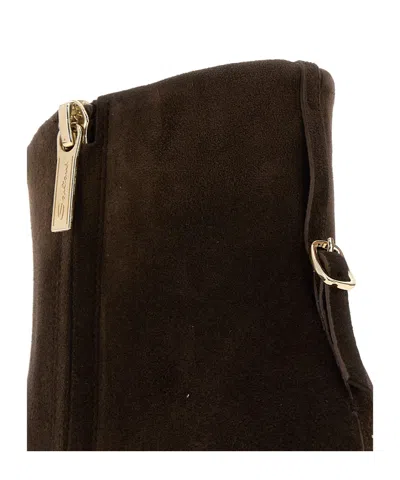 Santoni Suede Mid-heel Ankle Boot With Back Decorative Strap In Brown