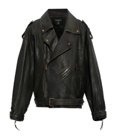 Balmain Belted Leather Jacket In Black