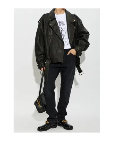 Balmain Belted Leather Jacket In Black