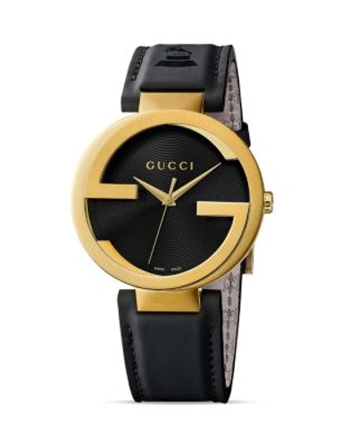 Shop Gucci Interlocking Yellow Gold Pvd Black Leather Watch, 42mm