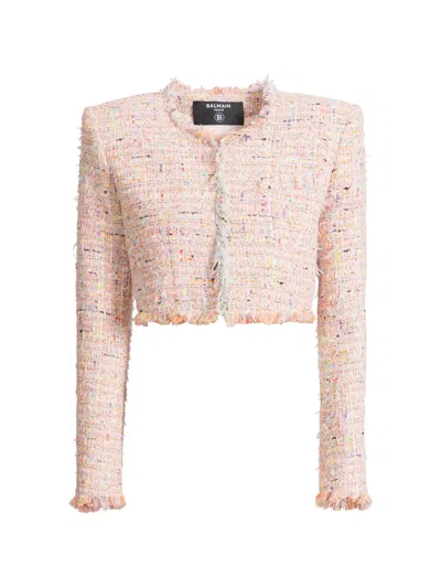 Balmain Tweed Blazer In Nylon-cotton Blend With Cupro Lining In Pink
