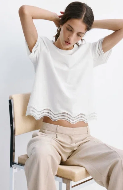 Mango Cotton T-shirt With Openwork Embroidered Detail In White