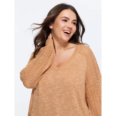 Bloomchic Texture Cut Out Raglan Sleeve Pullover In Brown