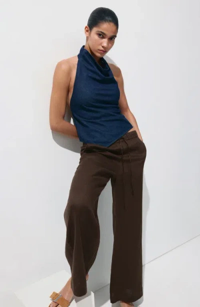 Mango Pull-on Wide Leg Linen Pants In Brown