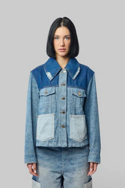 Ganni Patchwork Denim Short Jacket Mid Blue Vintage In Blue