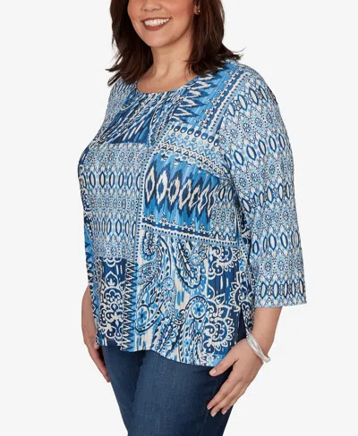 Alfred Dunner Plus Size Medallion Navy Patchwork Knit Top In Blue