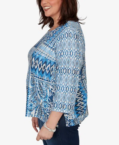 Alfred Dunner Plus Size Medallion Navy Patchwork Knit Top In Blue