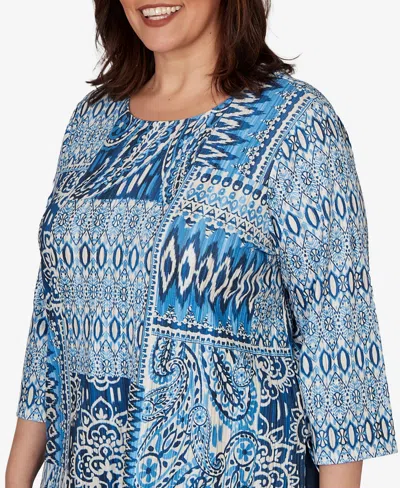 Alfred Dunner Plus Size Medallion Navy Patchwork Knit Top In Blue